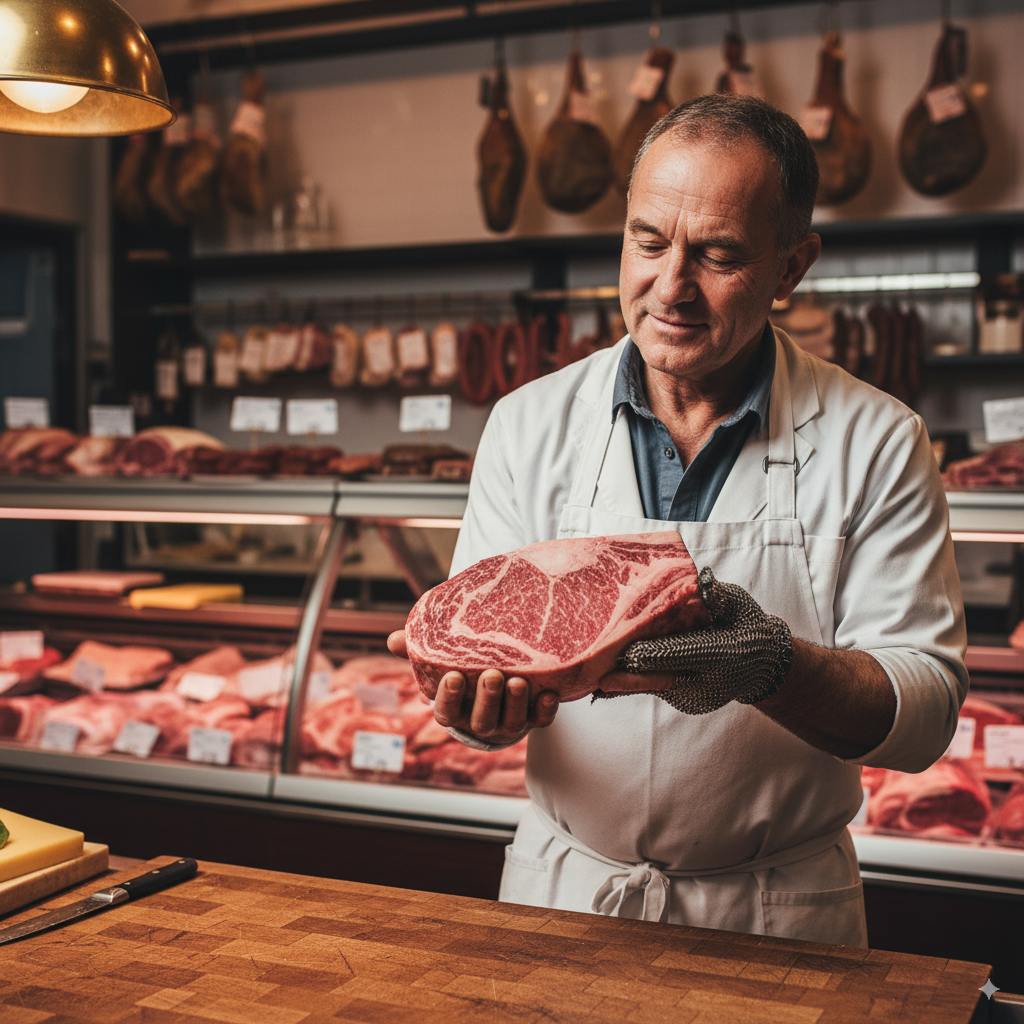 Expert butcher in a clean, modern facility, showcasing professionalism.